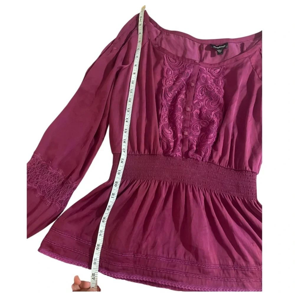 Bebe Purple Long Sleeve Smocked Peplum Blouse - Picture 9 of 11